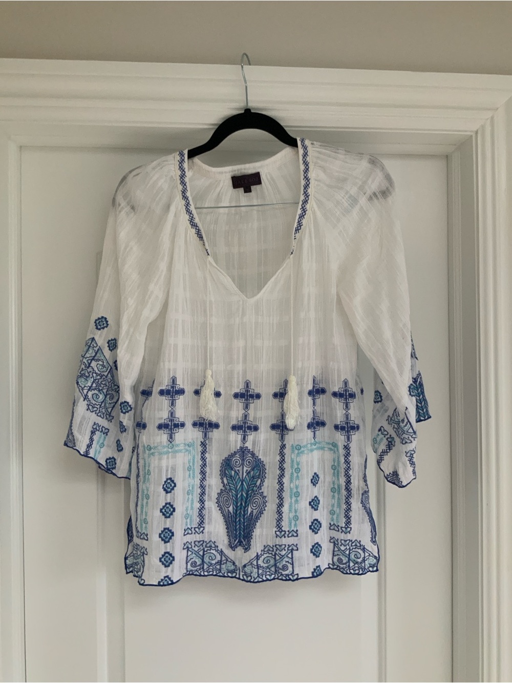 Hale Bob White Tunic with Blue Embroidery & Tassels